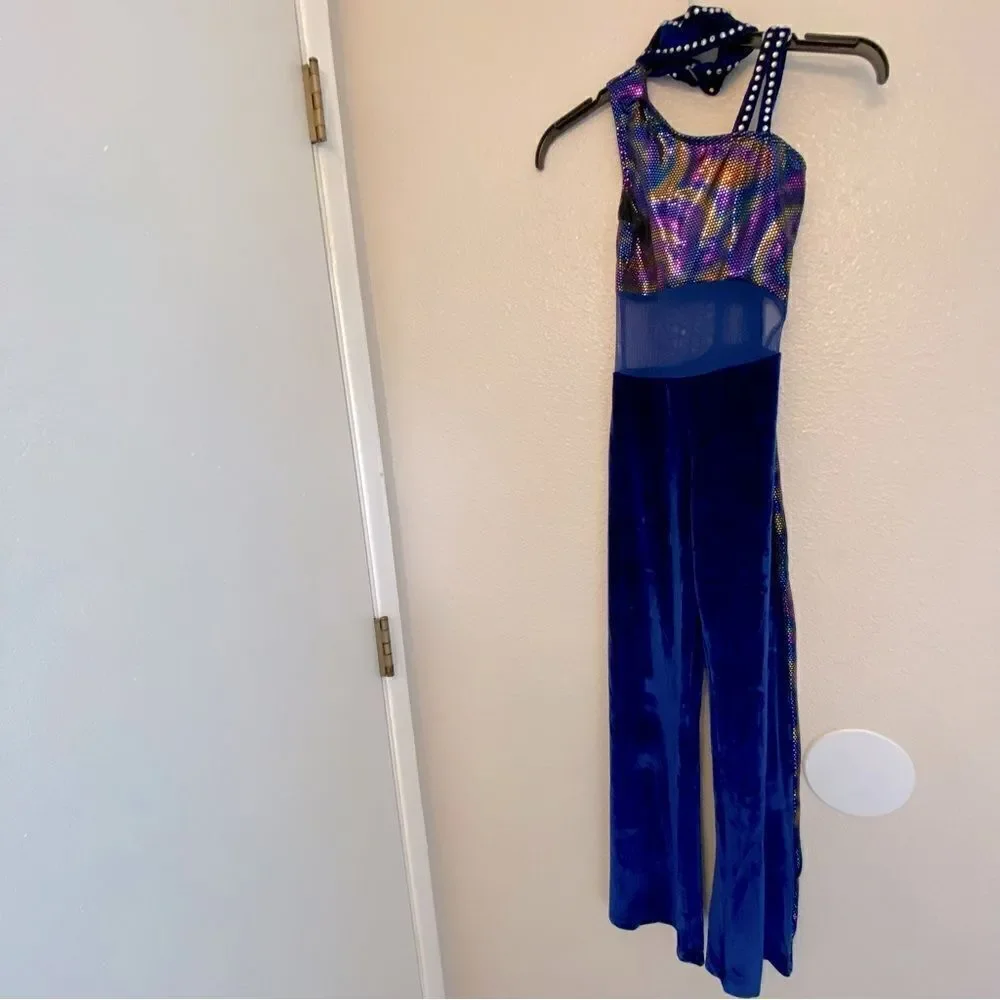 The Line Up Dance Costume unitard blue velvet rhinestone wide leg retro MC 10